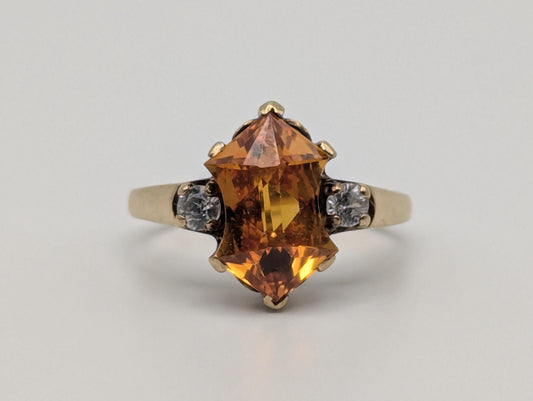 10k Orange Pear Cut Sapphire Gold Vintage Ring. Amber Colored Sapphire & Topaz