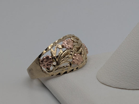 10k Two-Tone Gold Flower Ring Solid Gold Ring Rose Gold Statement Band.