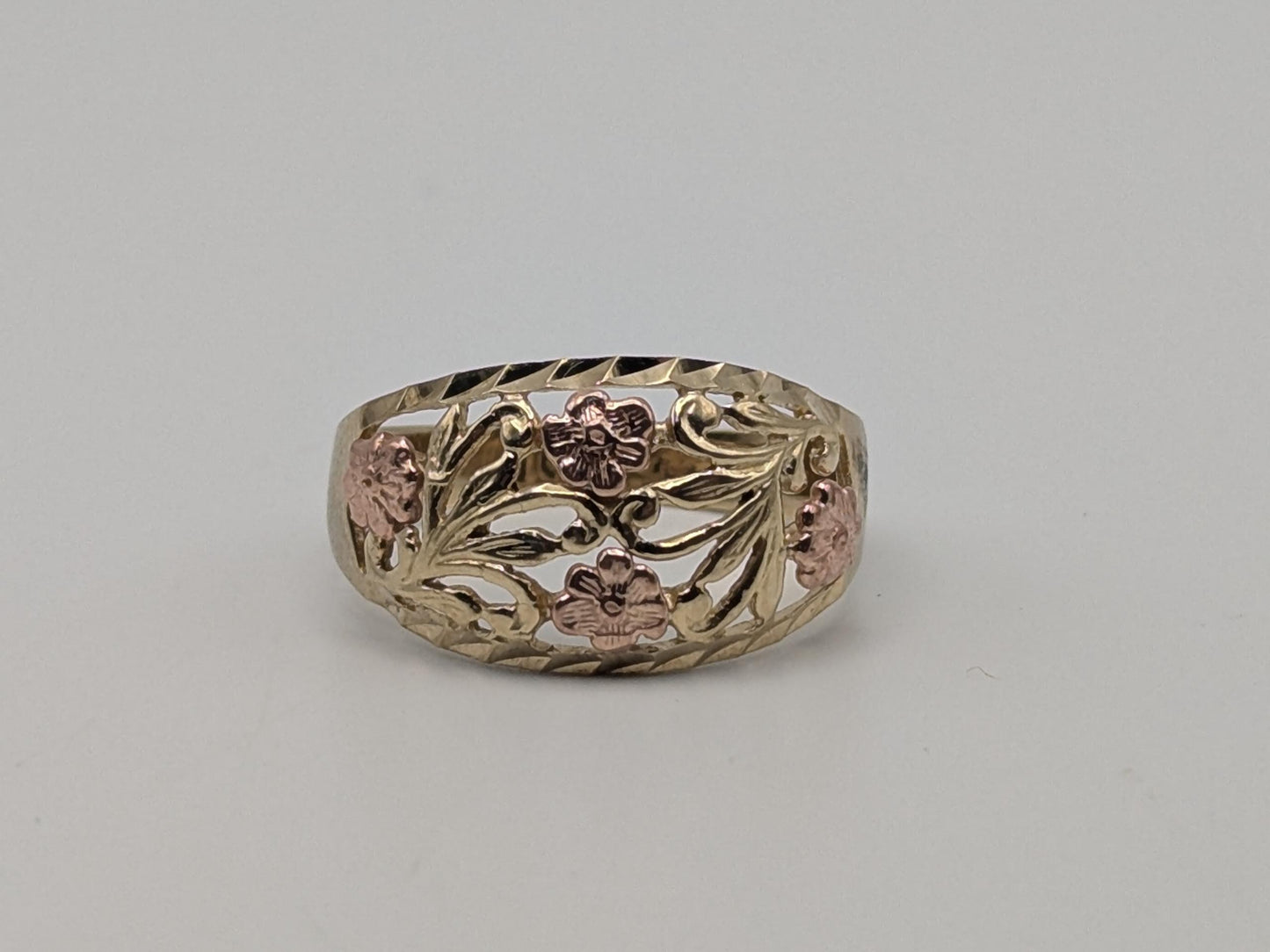 10k Two-Tone Gold Flower Ring Solid Gold Ring Rose Gold Statement Band.