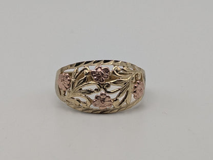 10k Two-Tone Gold Flower Ring Solid Gold Ring Rose Gold Statement Band.