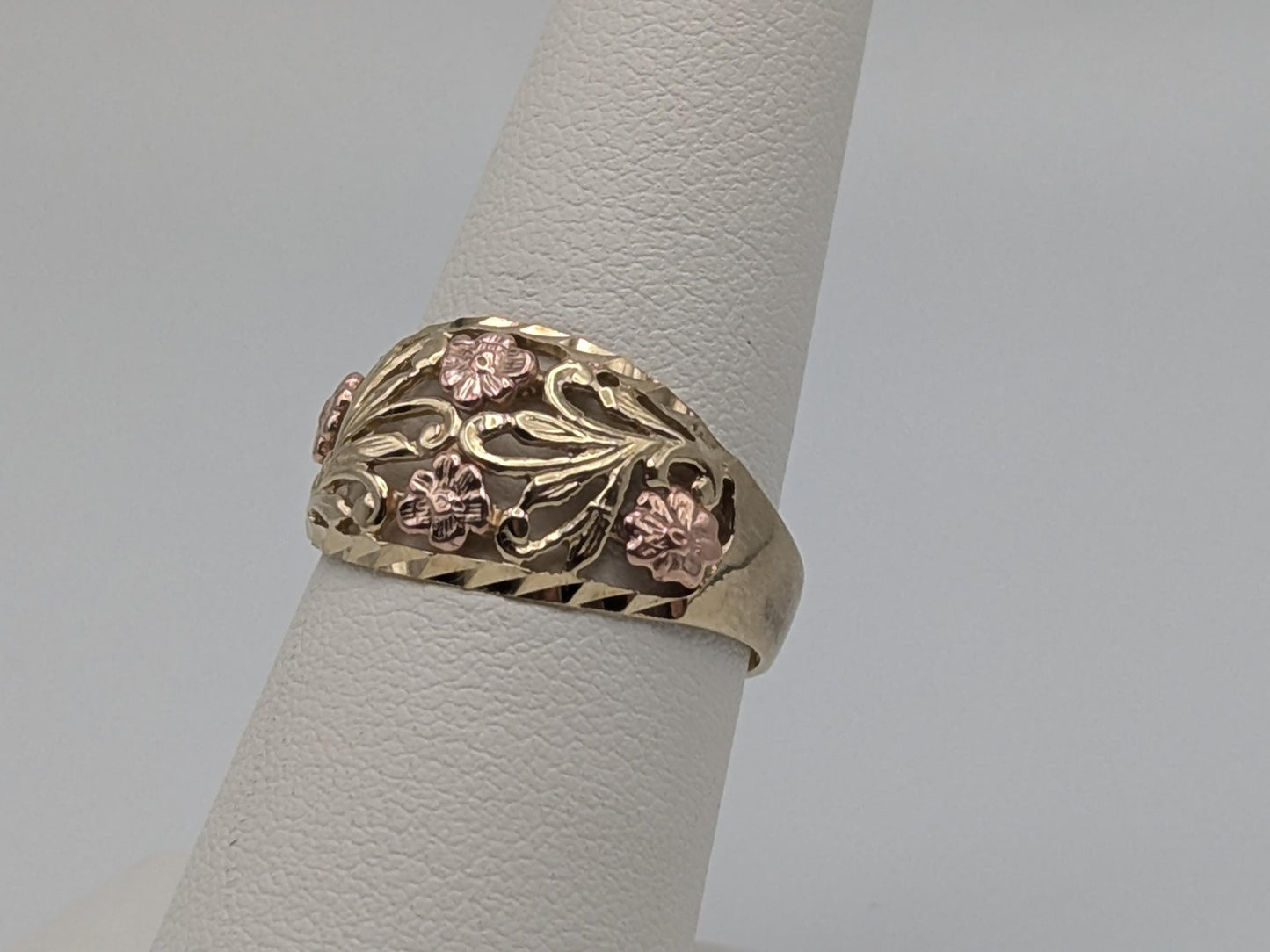 10k Two-Tone Gold Flower Ring Solid Gold Ring Rose Gold Statement Band.