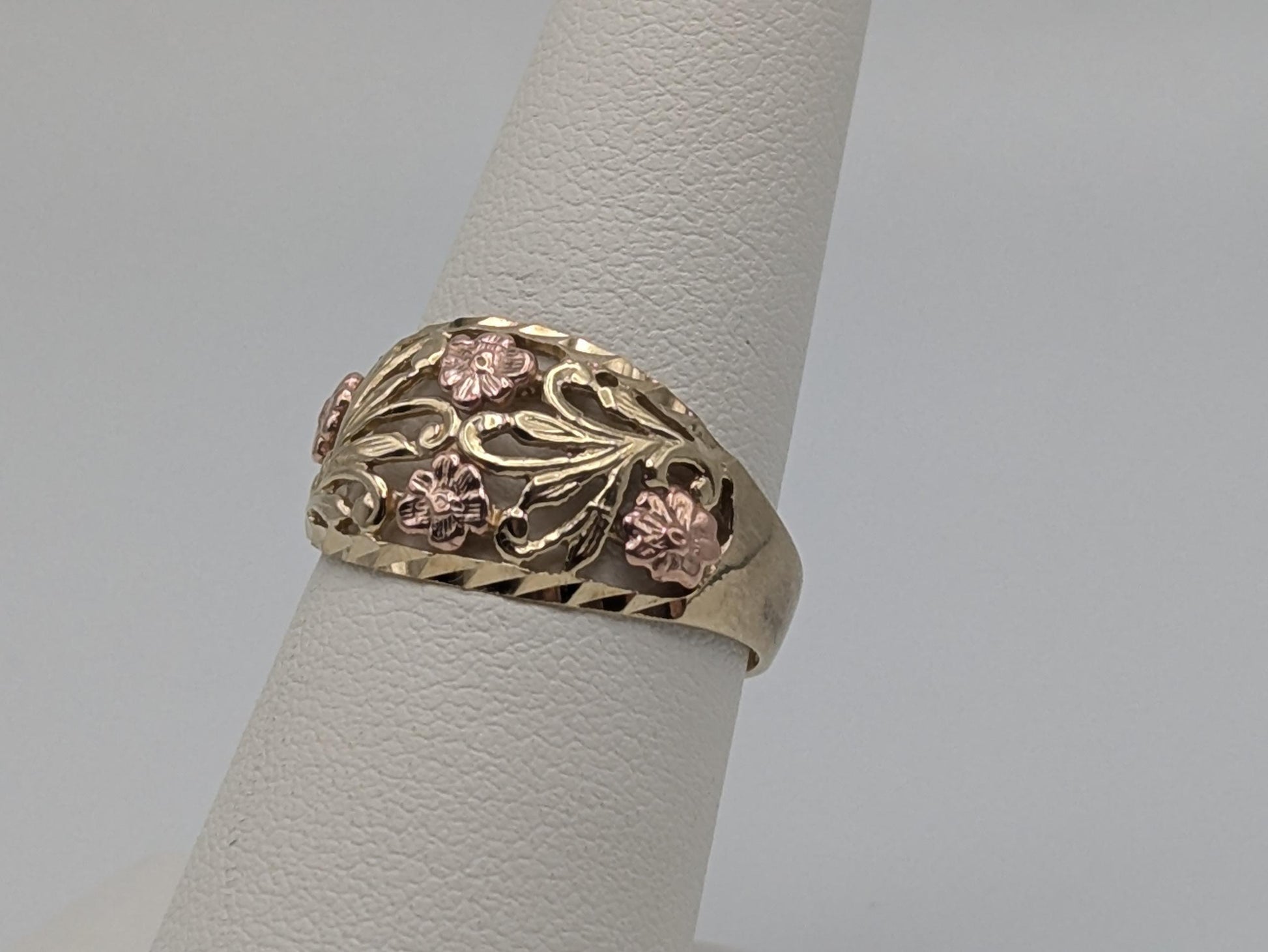 10k Two-Tone Gold Flower Ring Solid Gold Ring Rose Gold Statement Band.