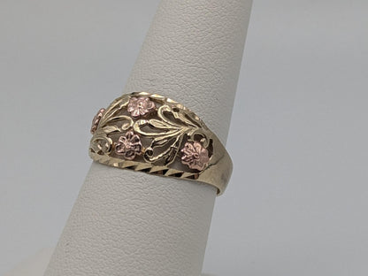 10k Two-Tone Gold Flower Ring Solid Gold Ring Rose Gold Statement Band.