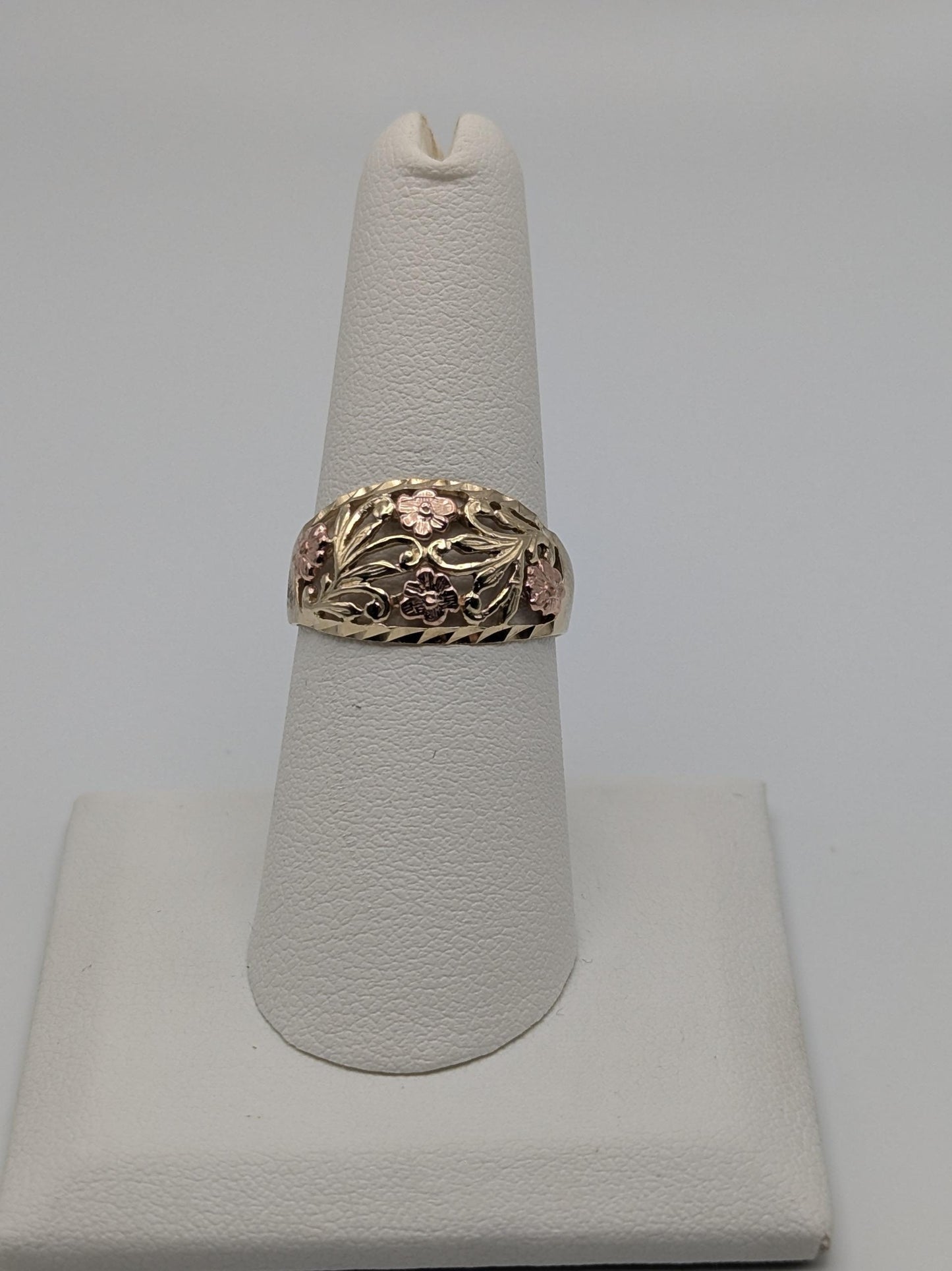 10k Two-Tone Gold Flower Ring Solid Gold Ring Rose Gold Statement Band.