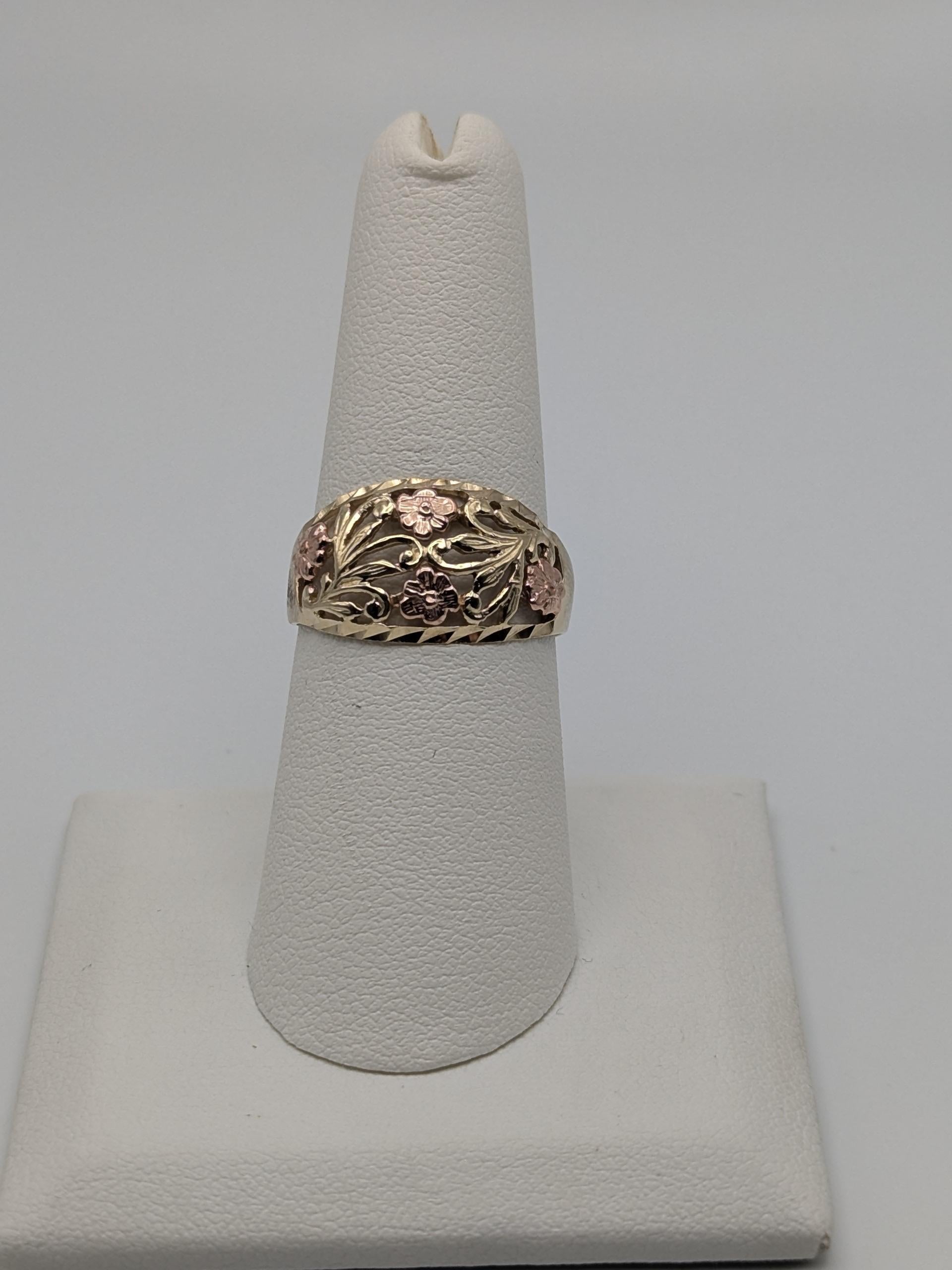 10k Two-Tone Gold Flower Ring Solid Gold Ring Rose Gold Statement Band.