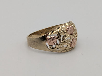 10k Two-Tone Gold Flower Ring Solid Gold Ring Rose Gold Statement Band.