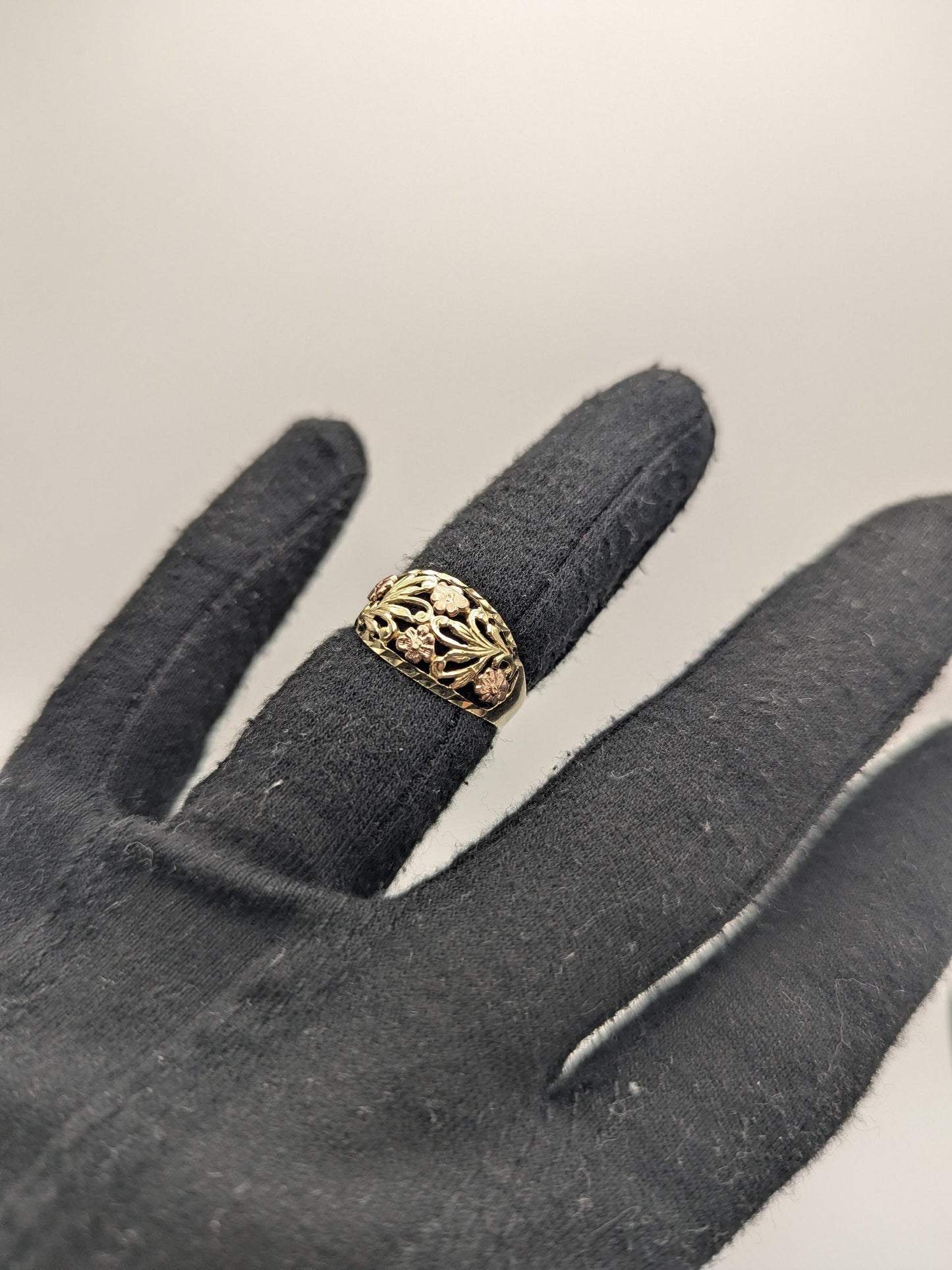 10k Two-Tone Gold Flower Ring Solid Gold Ring Rose Gold Statement Band.