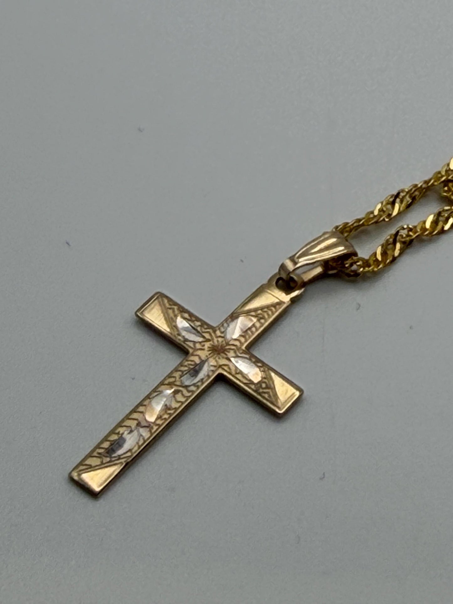 10k Two Tone Gold Etched Design Cross Pendant comes with a Complimentary 18k GF