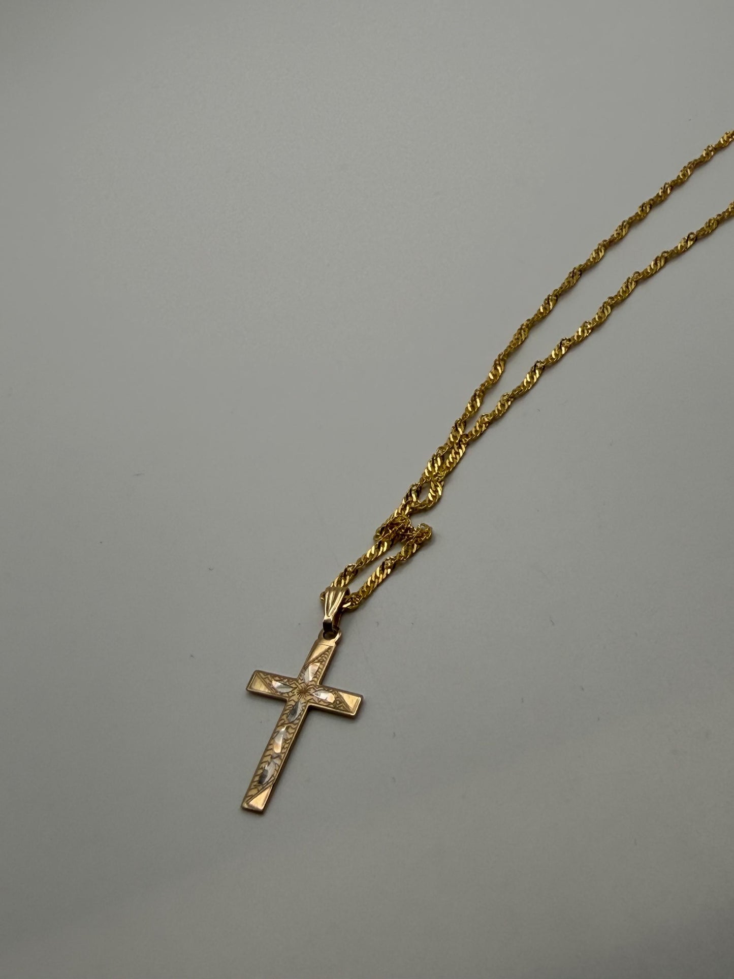 10k Two Tone Gold Etched Design Cross Pendant comes with a Complimentary 18k GF