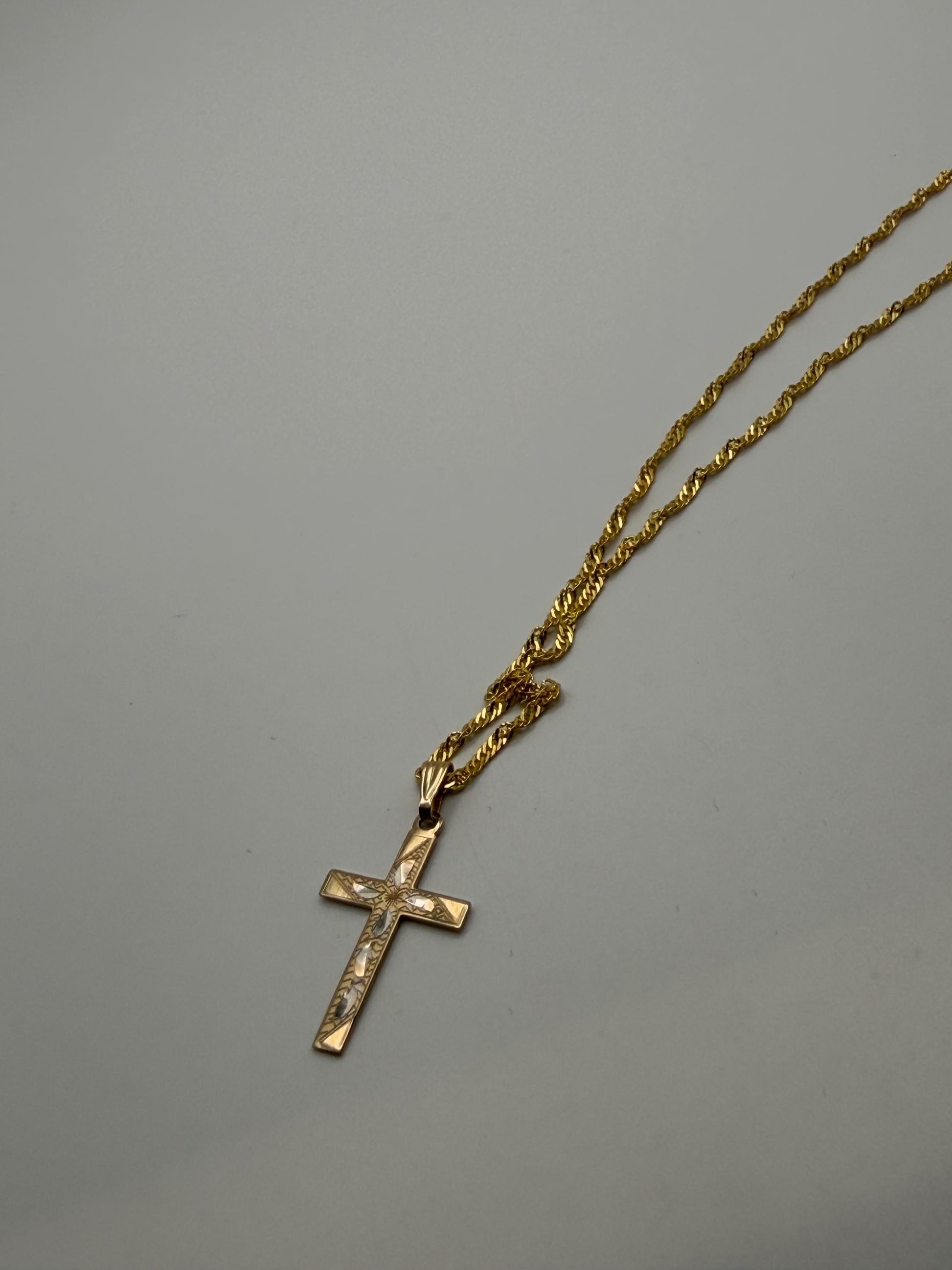 10k Two Tone Gold Etched Design Cross Pendant comes with a Complimentary 18k GF