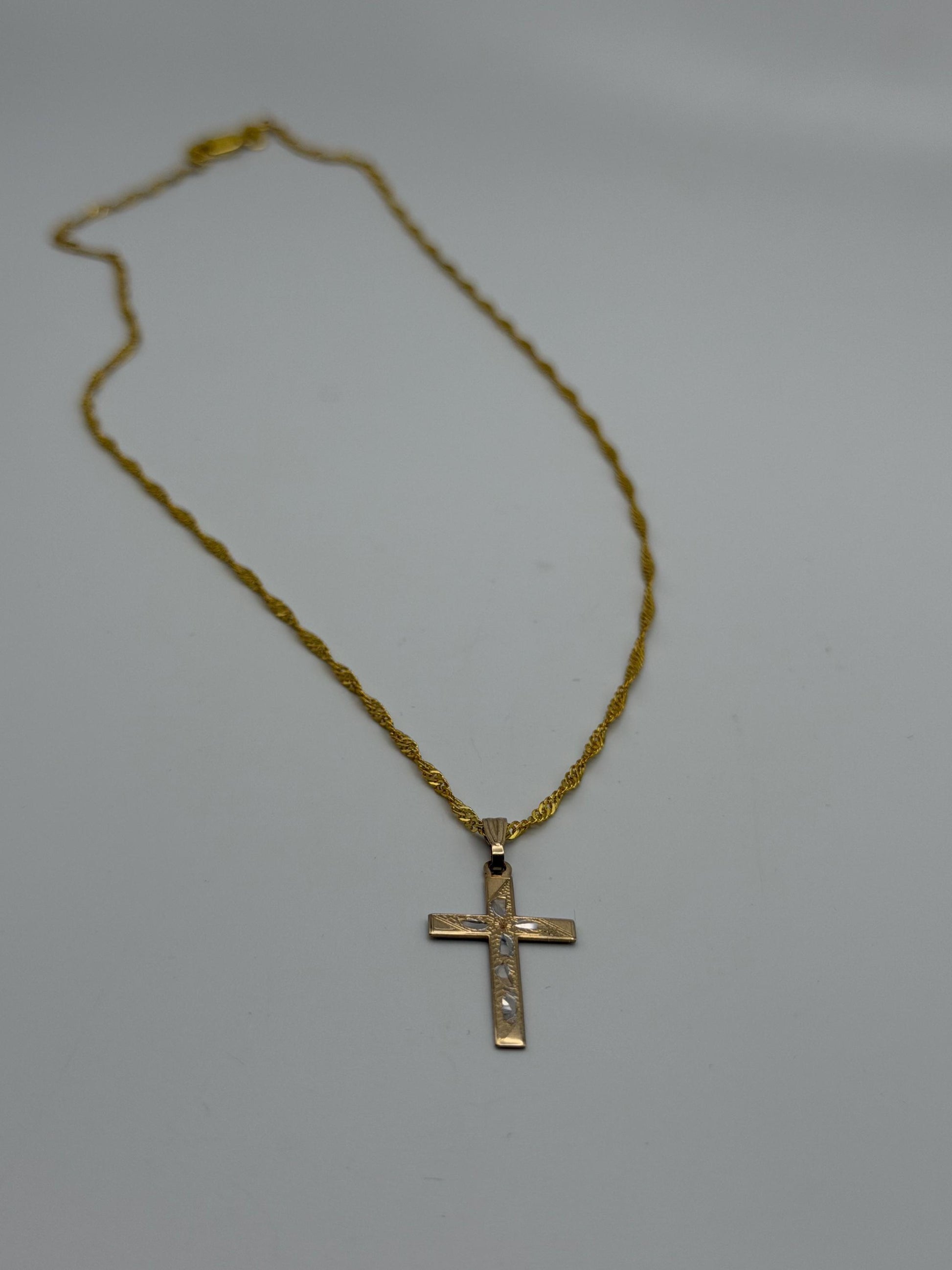 10k Two Tone Gold Etched Design Cross Pendant comes with a Complimentary 18k GF