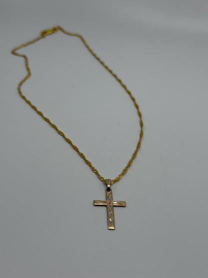 10k Two Tone Gold Etched Design Cross Pendant comes with a Complimentary 18k GF