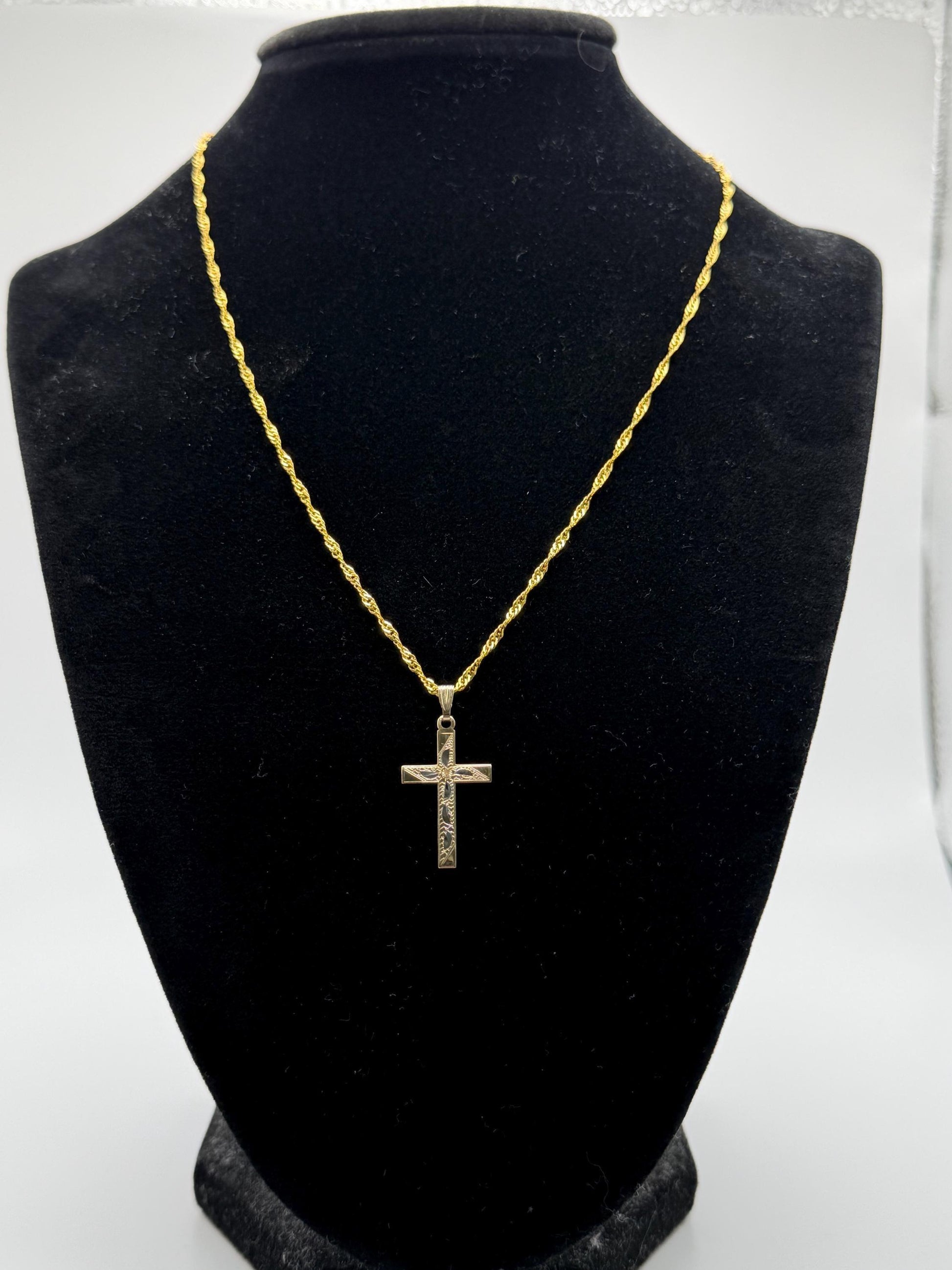 10k Two Tone Gold Etched Design Cross Pendant comes with a Complimentary 18k GF