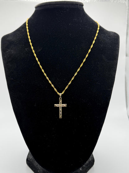 10k Two Tone Gold Etched Design Cross Pendant comes with a Complimentary 18k GF