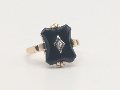 10k Vintage Black Onyx Diamond Ring Statement Ring Signet Ring