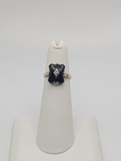 10k Vintage Black Onyx Diamond Ring Statement Ring Signet Ring