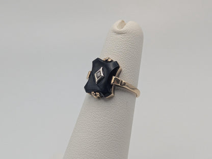 10k Vintage Black Onyx Diamond Ring Statement Ring Signet Ring