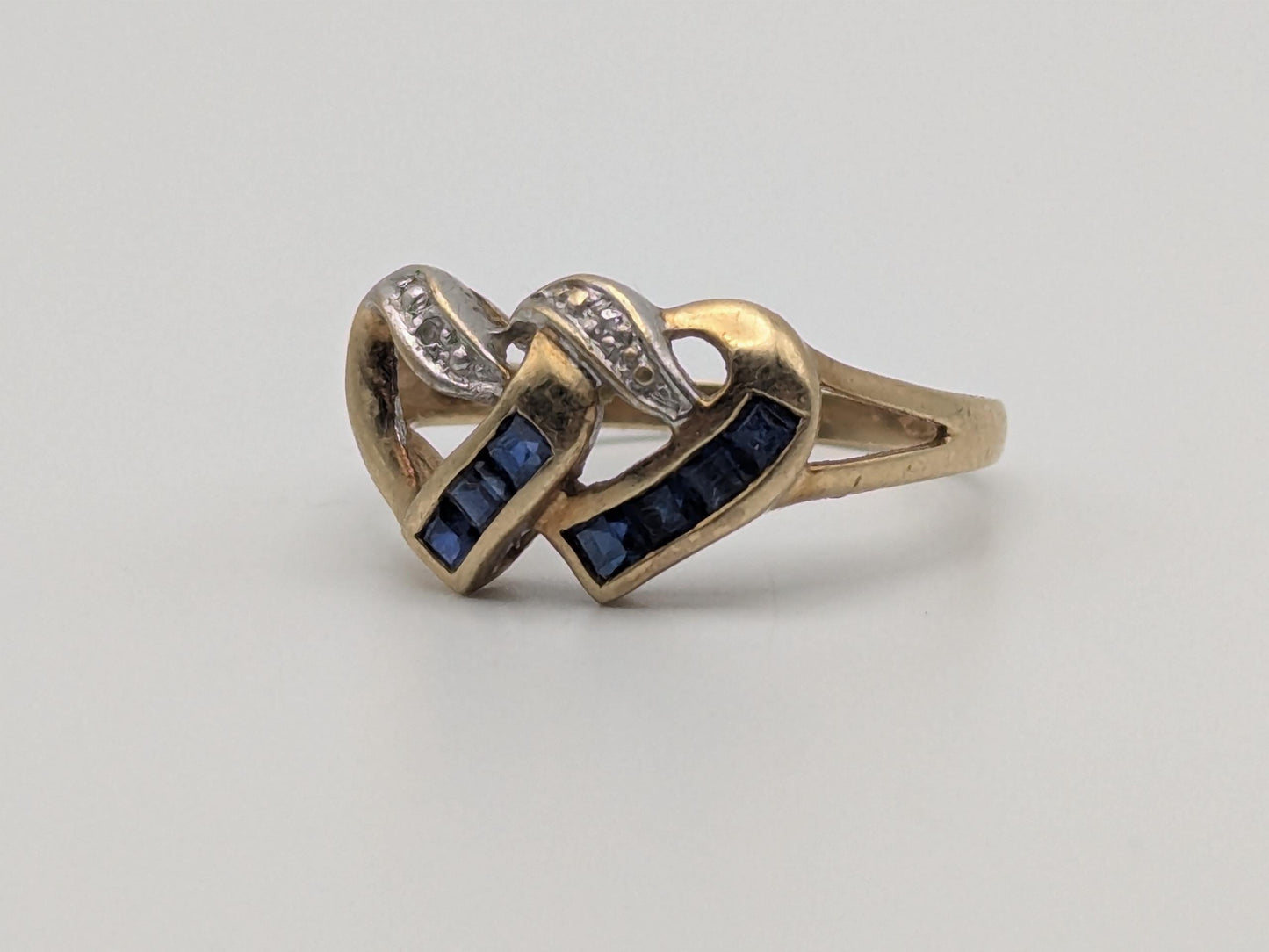 10k Yellow Gold Diamond & Topaz Two Hearts Promise Love Ring Heart Double Heart