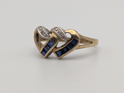 10k Yellow Gold Diamond & Topaz Two Hearts Promise Love Ring Heart Double Heart