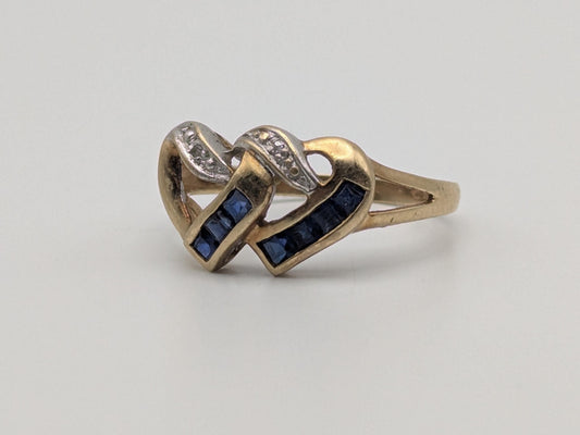 10k Yellow Gold Diamond & Topaz Two Hearts Promise Love Ring Heart Double Heart
