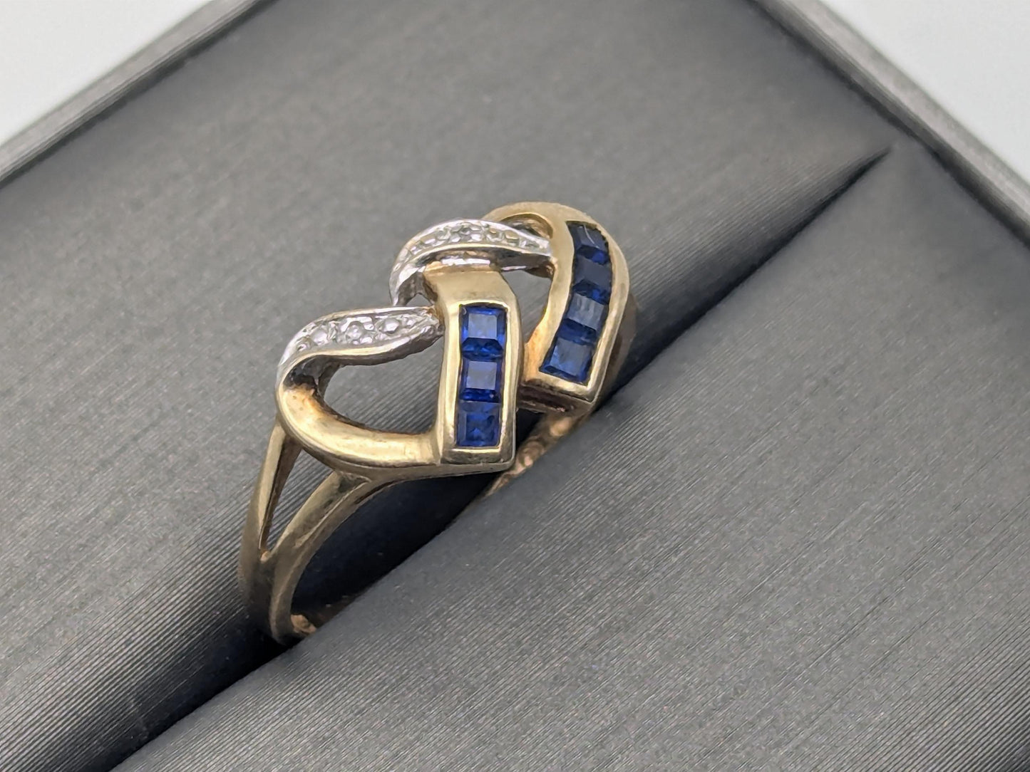 10k Yellow Gold Diamond & Topaz Two Hearts Promise Love Ring Heart Double Heart