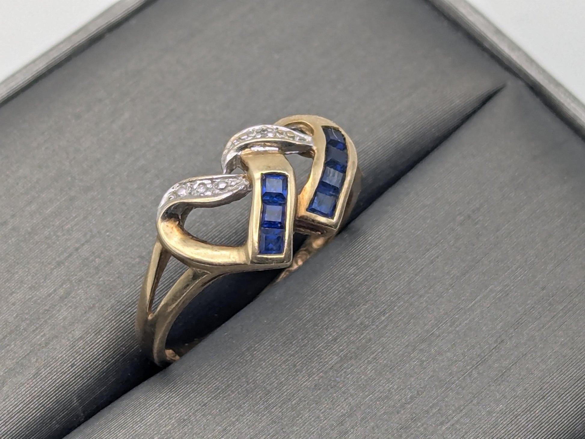 10k Yellow Gold Diamond & Topaz Two Hearts Promise Love Ring Heart Double Heart