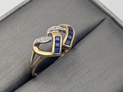 10k Yellow Gold Diamond & Topaz Two Hearts Promise Love Ring Heart Double Heart