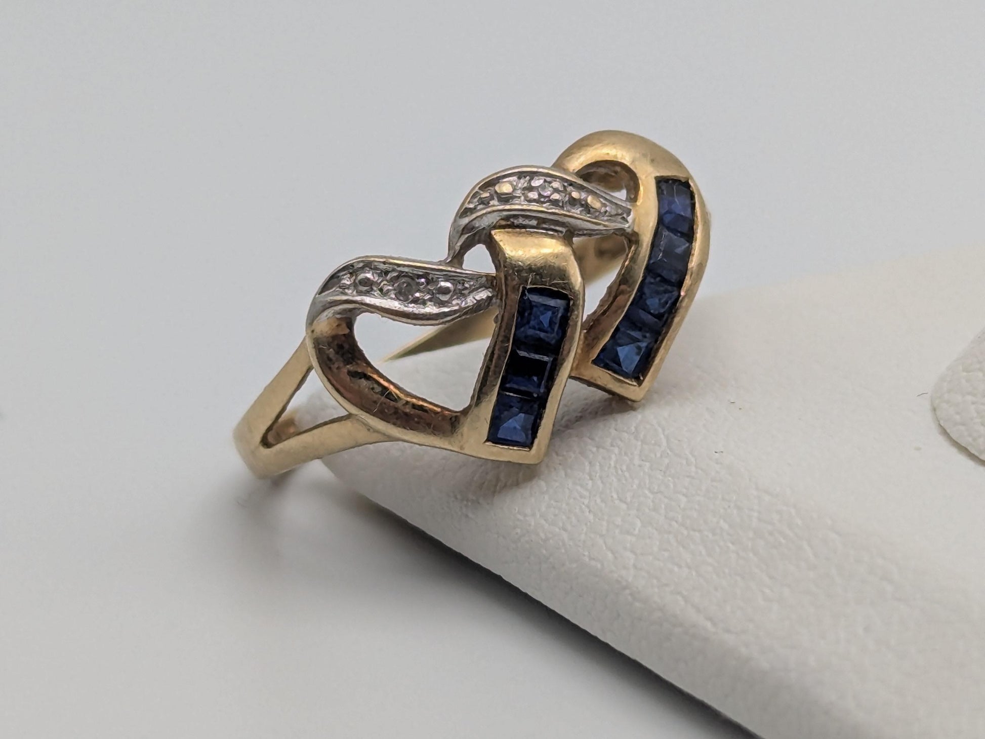 10k Yellow Gold Diamond & Topaz Two Hearts Promise Love Ring Heart Double Heart