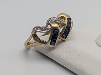 10k Yellow Gold Diamond & Topaz Two Hearts Promise Love Ring Heart Double Heart