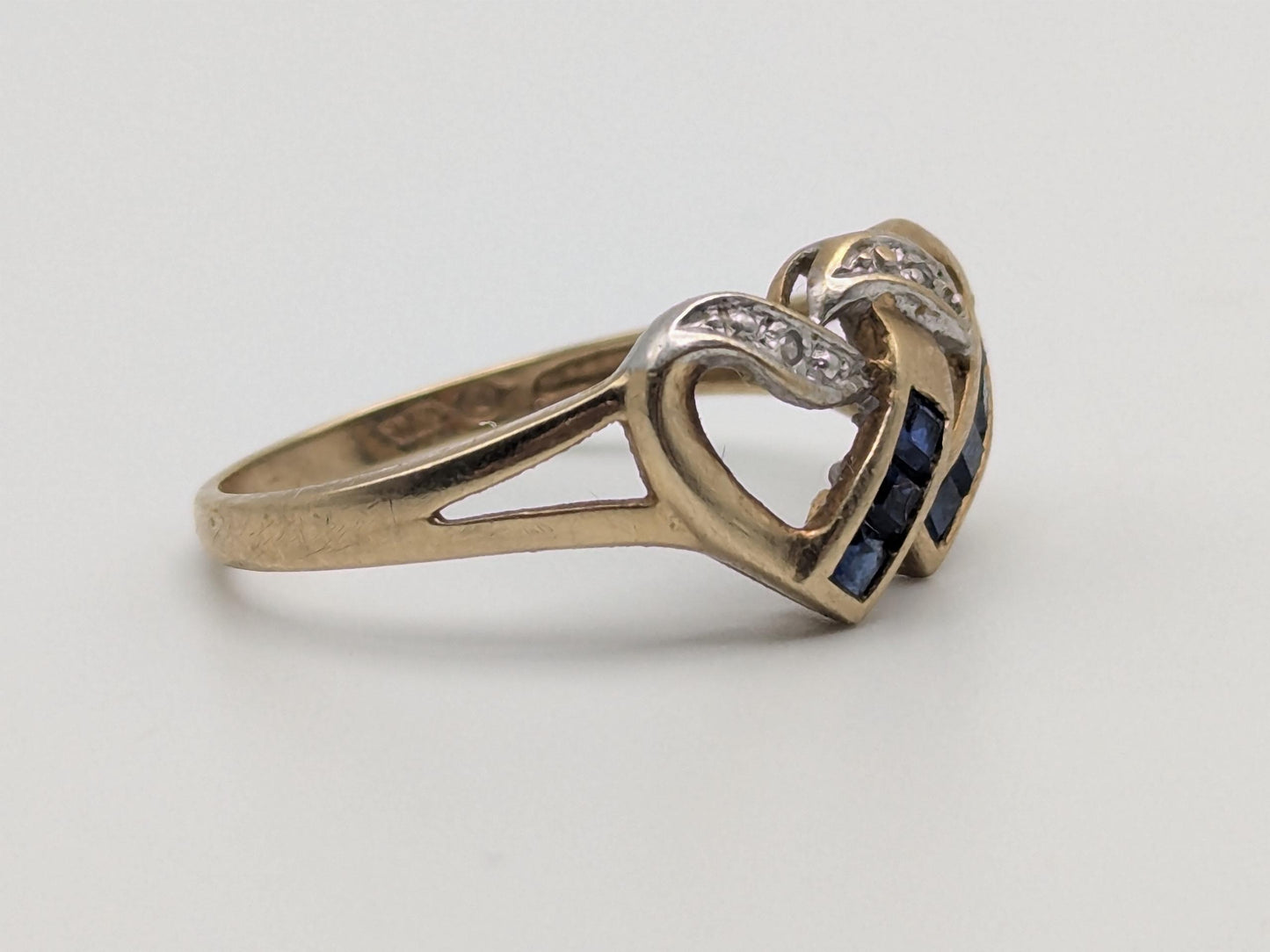 10k Yellow Gold Diamond & Topaz Two Hearts Promise Love Ring Heart Double Heart