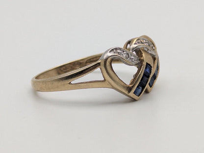 10k Yellow Gold Diamond & Topaz Two Hearts Promise Love Ring Heart Double Heart