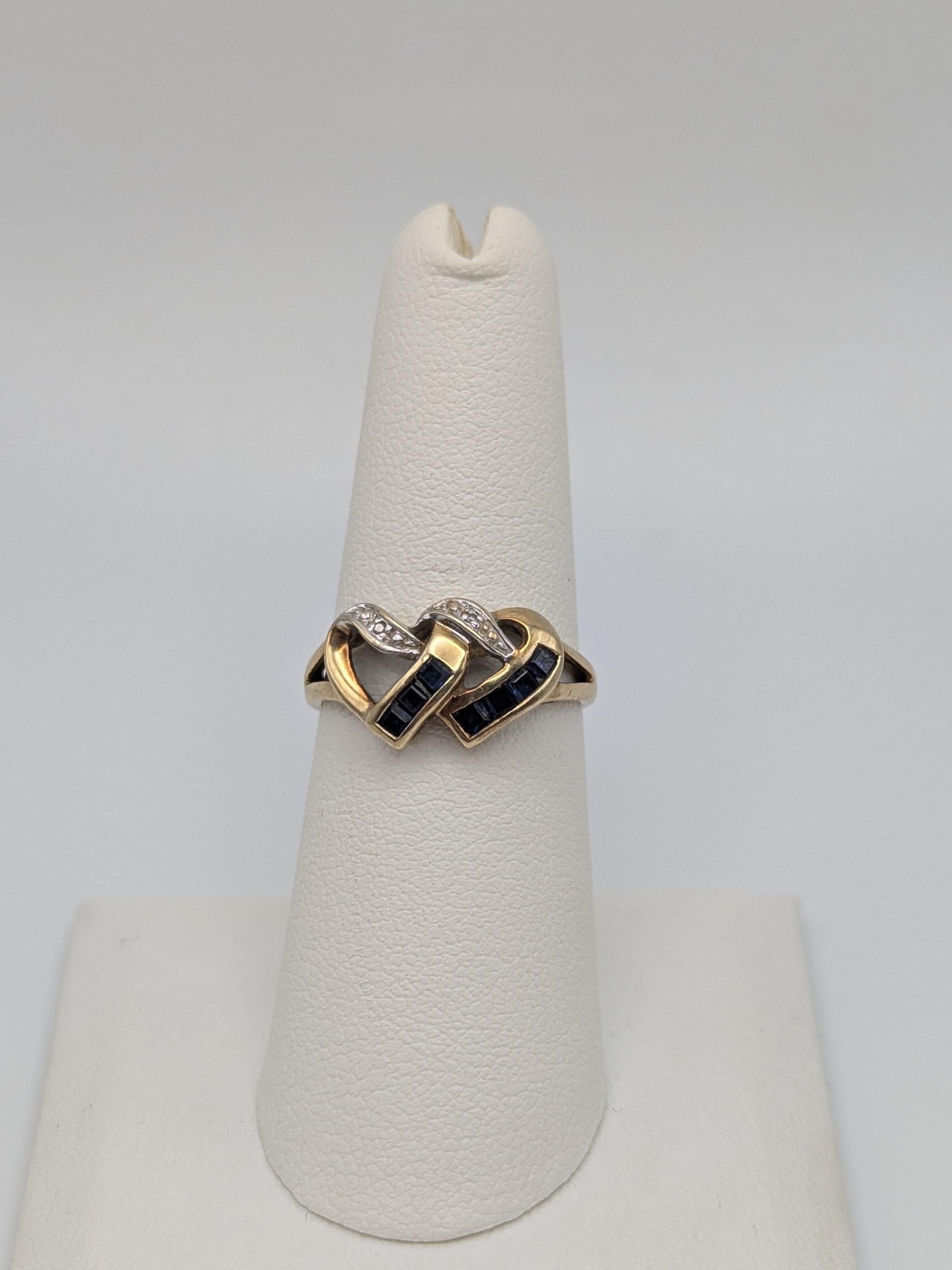 10k Yellow Gold Diamond & Topaz Two Hearts Promise Love Ring Heart Double Heart