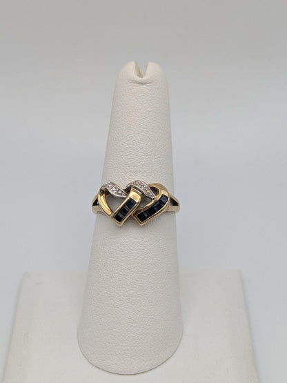 10k Yellow Gold Diamond & Topaz Two Hearts Promise Love Ring Heart Double Heart