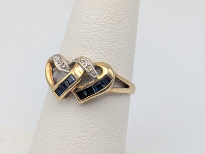 10k Yellow Gold Diamond & Topaz Two Hearts Promise Love Ring Heart Double Heart