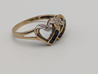 10k Yellow Gold Diamond & Topaz Two Hearts Promise Love Ring Heart Double Heart