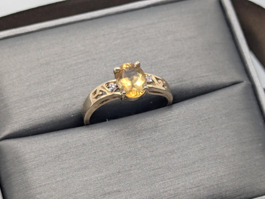 10k Yellow Gold Solitare Citrine Diamond Cocktail Band Promise Ring