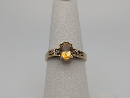 10k Yellow Gold Solitare Citrine Diamond Cocktail Band Promise Ring