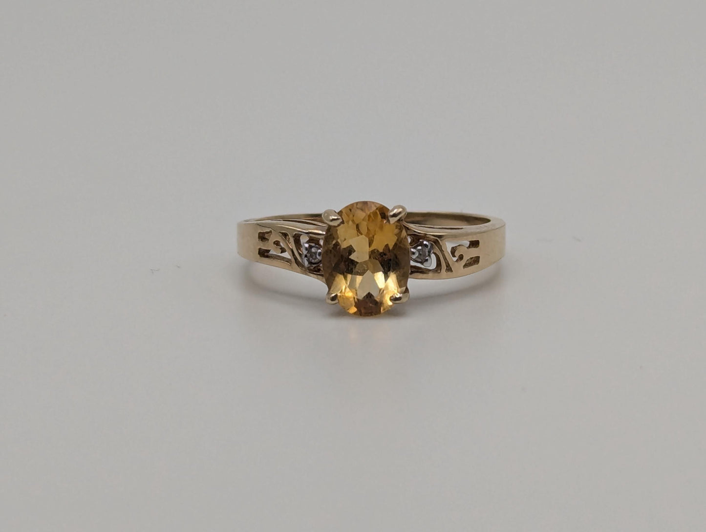 10k Yellow Gold Solitare Citrine Diamond Cocktail Band Promise Ring