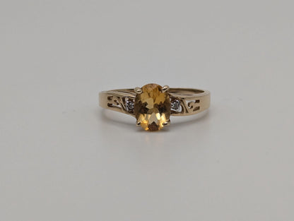 10k Yellow Gold Solitare Citrine Diamond Cocktail Band Promise Ring