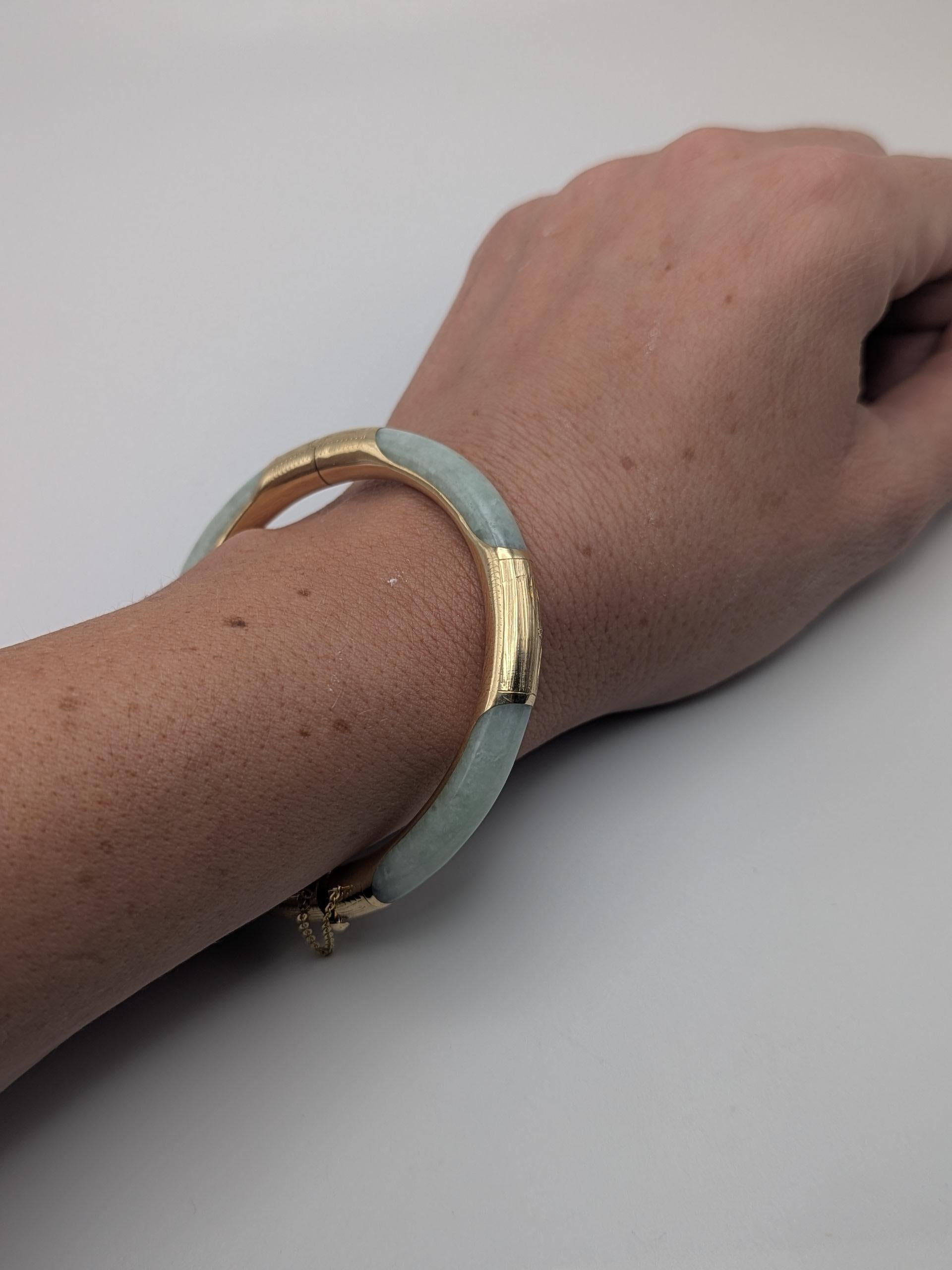 14K Gold Green Natural Jadeite Hinged Bangle Bracelet Jade Gold Bracelet