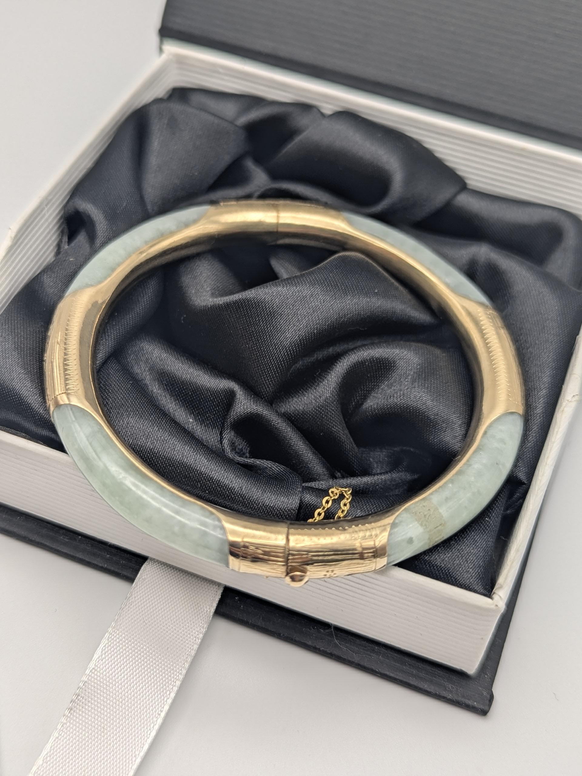 14K Gold Green Natural Jadeite Hinged Bangle Bracelet Jade Gold Bracelet