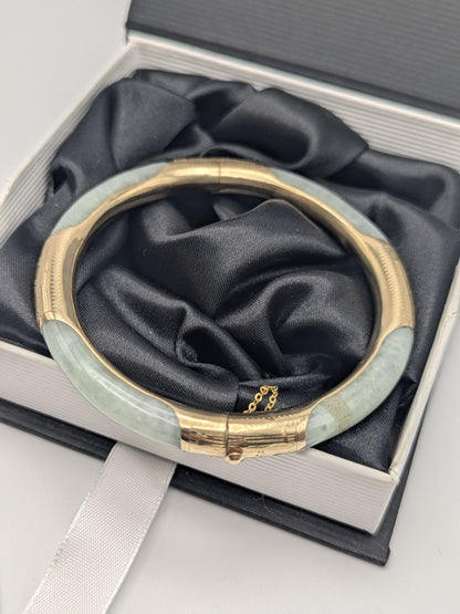 14K Gold Green Natural Jadeite Hinged Bangle Bracelet Jade Gold Bracelet