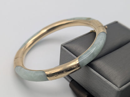 14K Gold Green Natural Jadeite Hinged Bangle Bracelet Jade Gold Bracelet