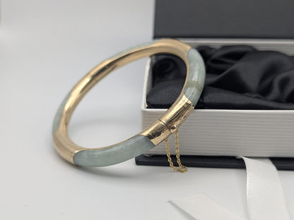14K Gold Green Natural Jadeite Hinged Bangle Bracelet Jade Gold Bracelet