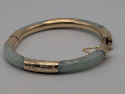 14K Gold Green Natural Jadeite Hinged Bangle Bracelet Jade Gold Bracelet