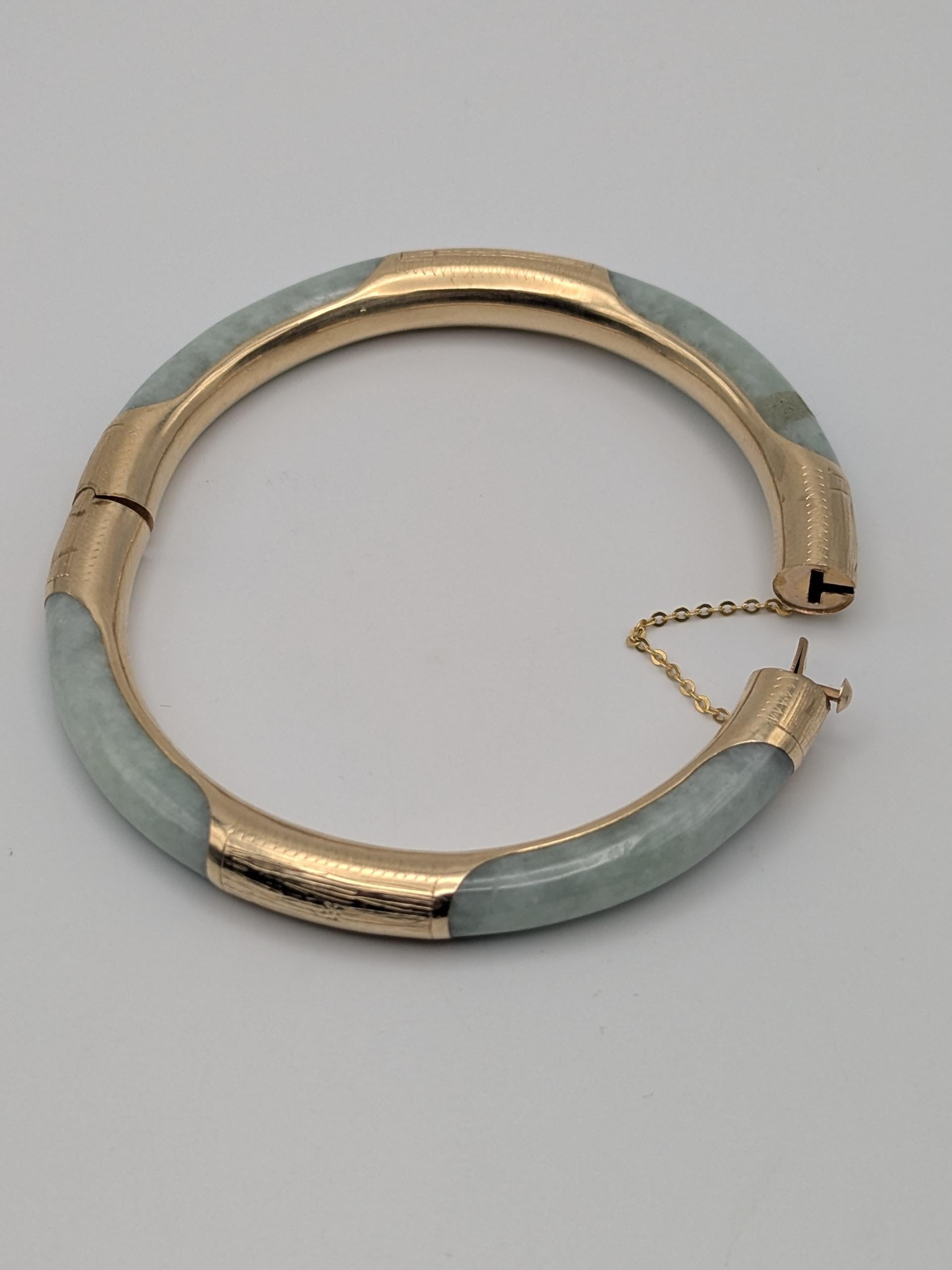 14K Gold Green Natural Jadeite Hinged Bangle Bracelet Jade Gold Bracelet