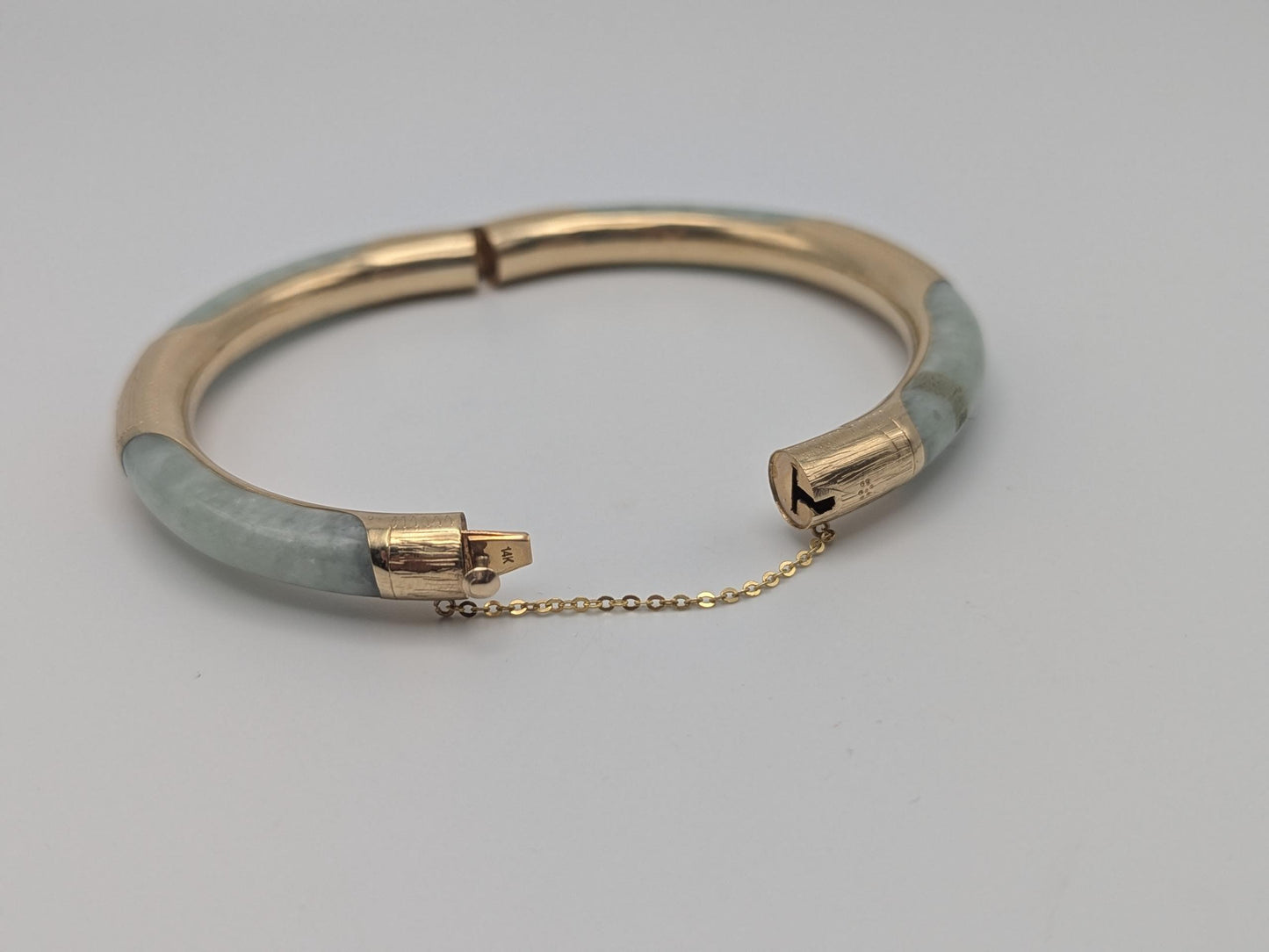 14K Gold Green Natural Jadeite Hinged Bangle Bracelet Jade Gold Bracelet