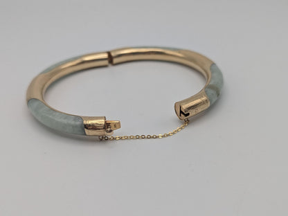 14K Gold Green Natural Jadeite Hinged Bangle Bracelet Jade Gold Bracelet