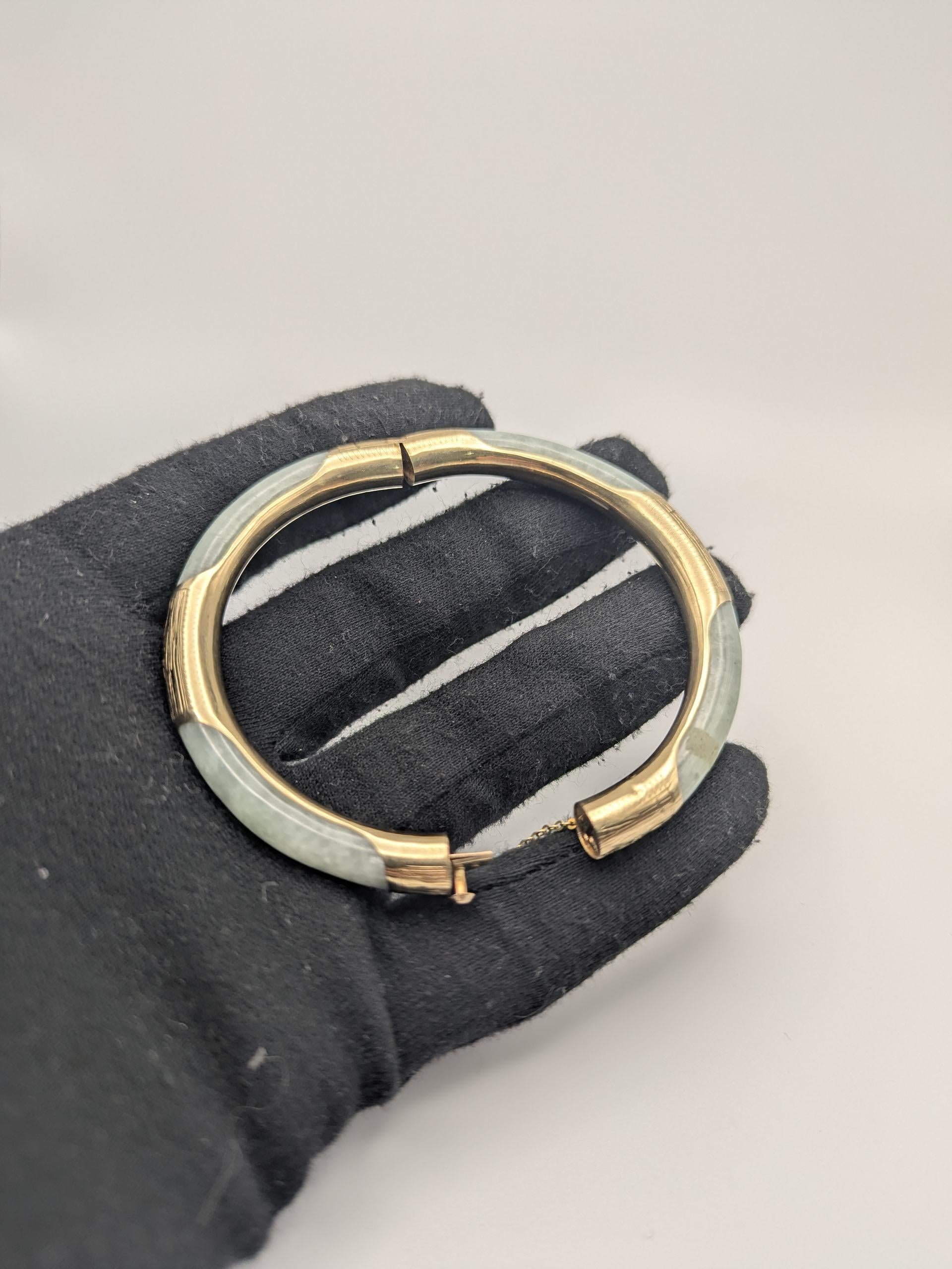 14K Gold Green Natural Jadeite Hinged Bangle Bracelet Jade Gold Bracelet