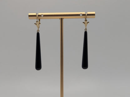 14K Yellow Gold Black Onyx Drop Dangle Earrings Teardrop Onyx Earrings.